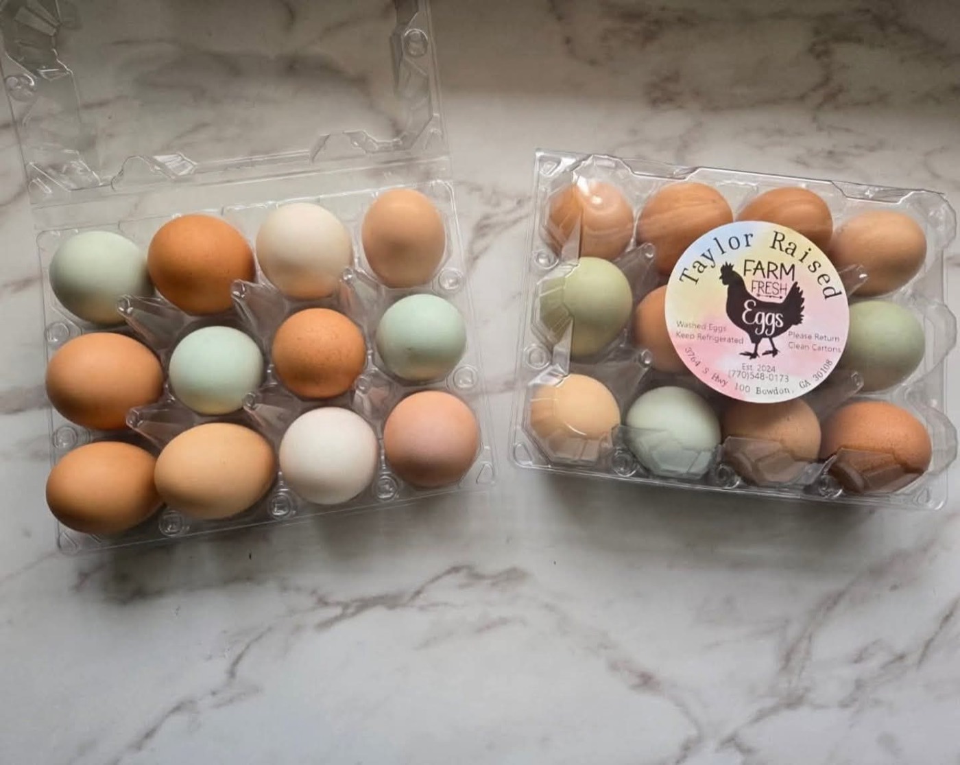 Cartons of multicolored farm-fresh eggs